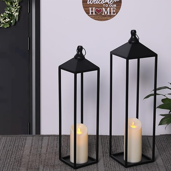 22'' 19'' Large Lanterns Decorative Outdoor Indoor, Set of 2 Black Metal Candle Lanterns Christmas Lanterns Modern Farmhouse Floor Lanterns Decorative for Home Decor, Mantle, Patio, Porch, Garden
