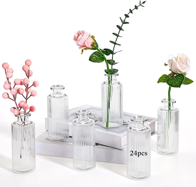 Honeydak Set of 24 Plastic Mini Bud Vases, Vintage Clear Decorative Vases Bulk for Table Centerpieces, Wedding Reception, Baby Shower, Home Decor, Housewarming Gift(Striped)