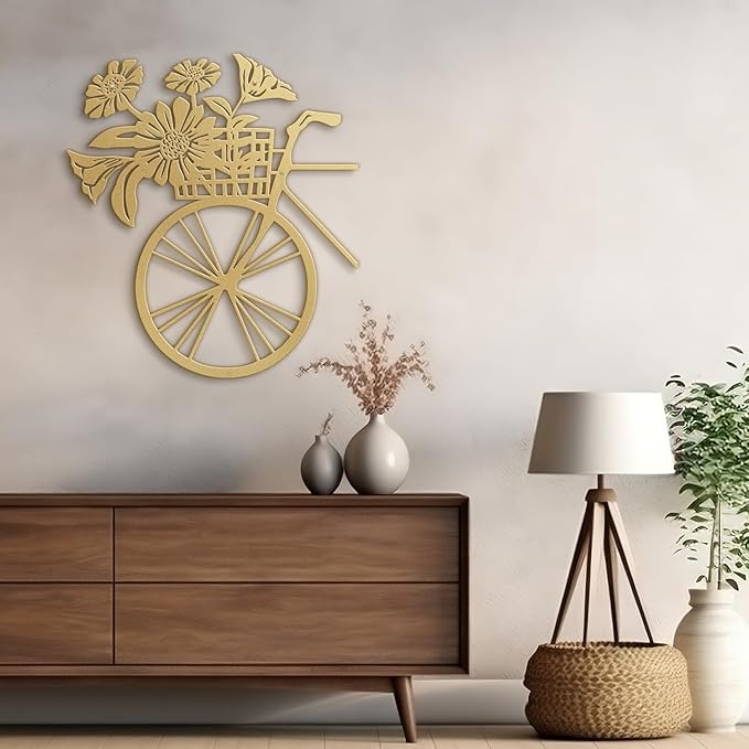 SIGNLEADER Metal Wall Art Decor Floral Bouquet in Bicycle Modern Abstract Wall Sculpture Hangings Home Decoration for Living Room, Bedroom, Bathroom, Kitchen, Outdoor - 18" Gold