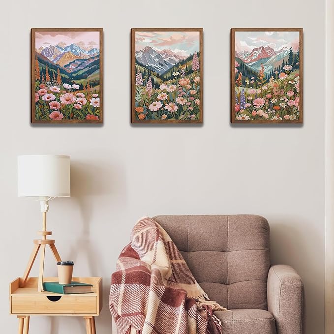 Boho Colorful Mountain Landscape Wall Art Set of 3, Flower Daisy Nature Canvas Prints Wall Decor, Vintage Floral Forest Botanical Painting Posters for Living Room Bedroom Home Decor 24x16in Framed