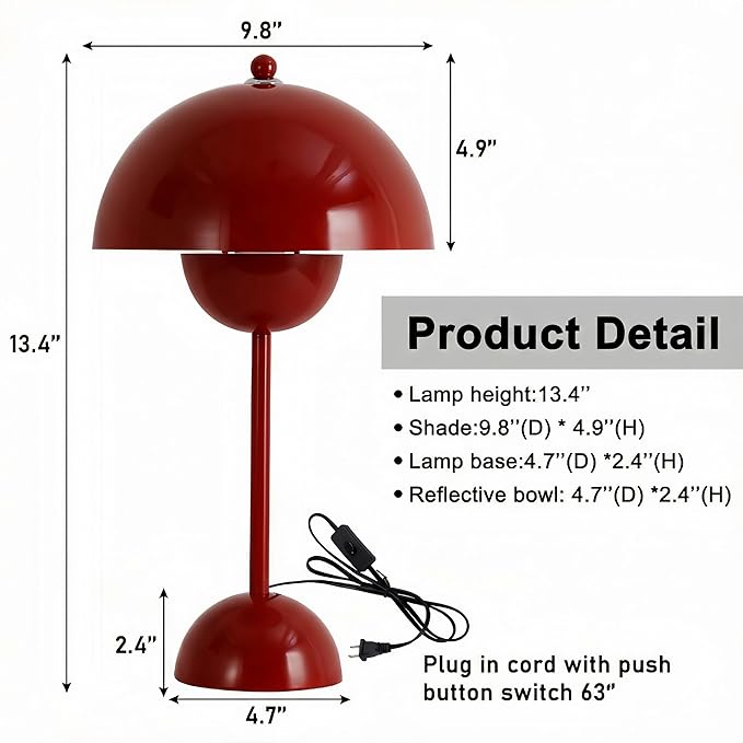 COSYLUX Modern Small Table Lamp for Bedroom, Cute Dome Shade Reflecting Light Reading Lamp for Living Room, Kid's Room, Study, Office, Beside Bedside Nightstand Desk Lamp(Dark Red/Burgundy)