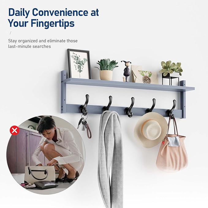 Tatub 29'' Coat Rack Wall Mount with Shelf, Wood Wall Hooks with Storage, Entryway Shelf with 5 Coat Hangers for Bathroom, Living Room, Bedroom, Grey
