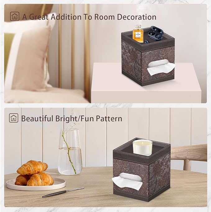 Square Tissue Box Cover with Storage Tray,PU Leather Tissue Cube Box Holder,Decorative Tissue Holders,Modern Tissues Case Napkin Dispenser Facial Paper Organizer for Bathroom Vanity