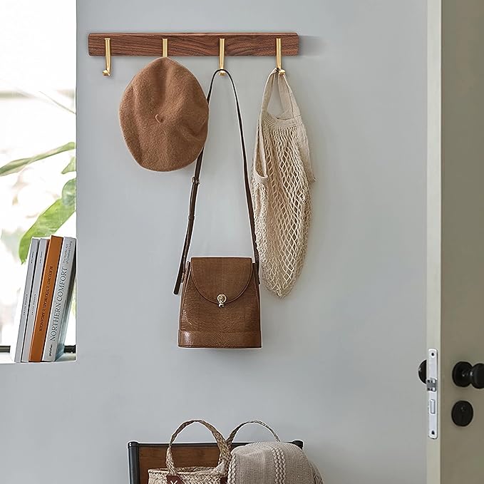Wall Mounted Coat Rack, Entryway Hanging Coat Rack, Metal Wood Coat Rail with 4 Rustic Hooks Rail for Coat, Scarf, Bag, Towel, Key, Cap, Hat, Walnut Gold Matt