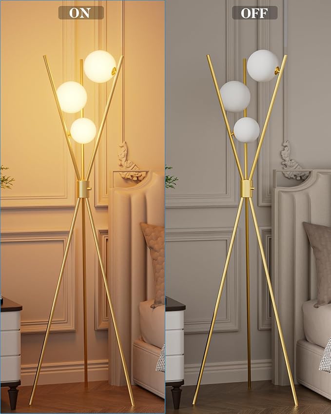 ACOHOOK 3 Globe Dimmable Tripod Floor Lamp, Mid Century Standing Lamps with 3Pcs 3000K Bulbs Included, Modern Tall Lamp for Living Room Bedroom Office-Gold