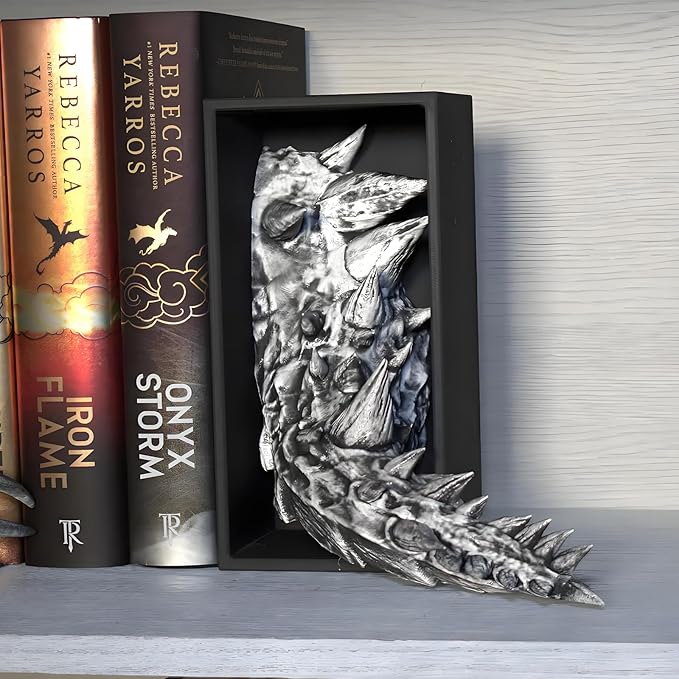 Dragon Bookshelf Decor Gothic Fantasy Bookends Black Animal Statues for Shelves Book Lovers Gifts Unique Resin Shelf Holder Set (10"*6.1"*4.9") Home Office Decorative (Antique Silver)