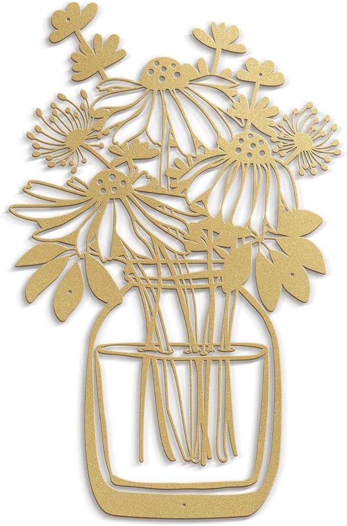 SIGNLEADER Metal Wall Art Decor Flower Bouquet in Bottle Minimalist Modern Abstract Wall Sculpture Hangings Home Decoration for Living Room, Bedroom, Bathroom, Kitchen, Outdoor - 18" Gold