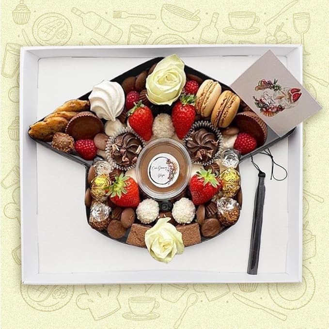 WENPACK 2025 Cardboard Grad Cap Shaped Charcuterie Mache Treat Packaging Strawberries Sweets Gift Box with Clear Lid (Black, Grad Cap)