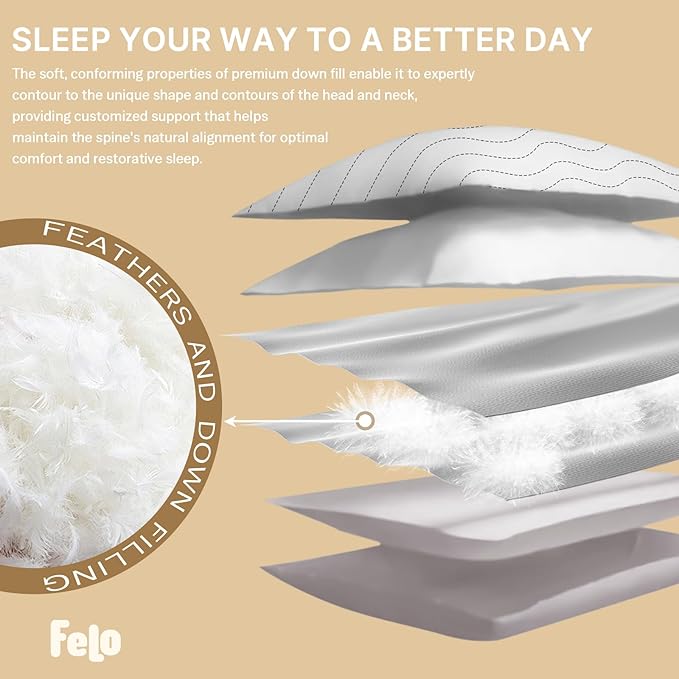 felo Feather Down Pillow King Size,CloudFusion Goose Pillow for Sleeping, Luxury Hotel Collection Bed Pillow, Supportive Soft Pillow for Side Back Pain Sleepers, 100% Organic Cotton Shell (20" x 36")