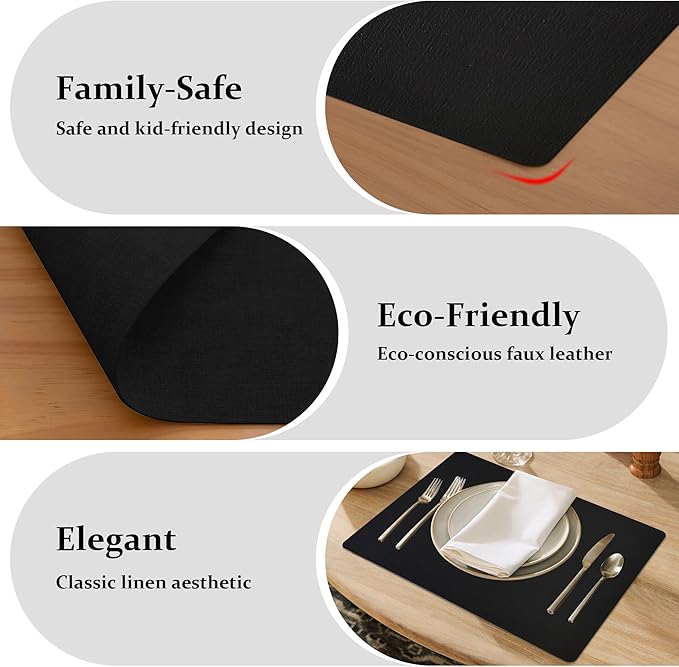 FROMHEART Faux Leather Placemats Set of 12–Waterproof,Heat/Oil Stain-Resistant PU Table Mat–Reversible,Non-Slip,Easy to Clean Place Mats for Kitchen,Dining,Indoor/Outdoor,(Black,11.8" x 17")