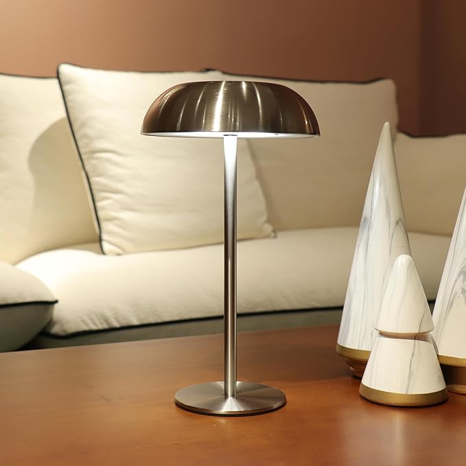 Portable Mushroom Table Lamp with 5200mAh Battery, Cordless LED Night Light with Stepless Dimming, 3 Color Modes & Adjustable Height for Bedroom, Patio, Bar Decor and Coffee Shop (Silver-Tall)