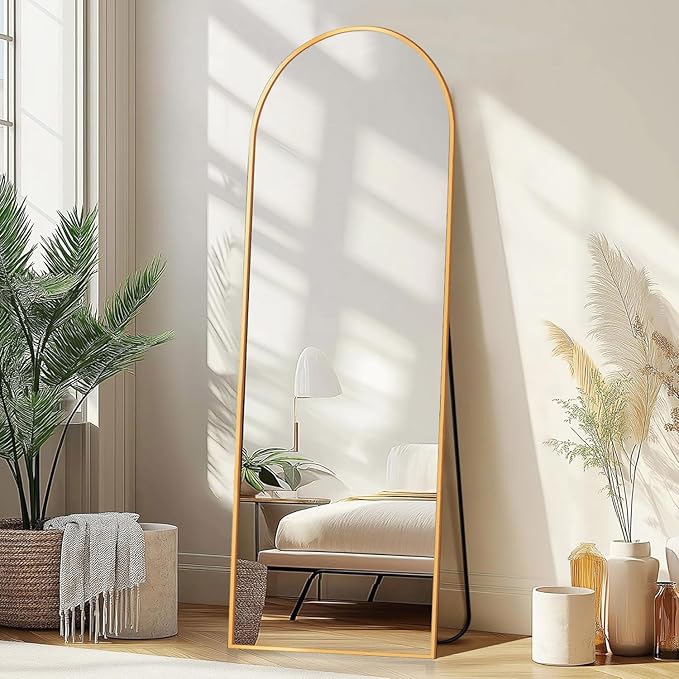 58"x18" Arched Full Length Mirror - Floor Standing or Wall Mounted with Stand, Aluminum Frame & Shatter-Proof Glass, Gold Freestanding Mirror for Bedroom, Living Room, Entryway Decor