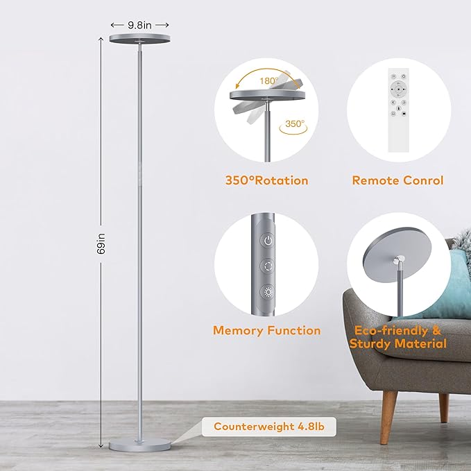 WOWLUMEN Floor Lamp,Bright 36W 3500LM Standing Lamp with Remote, 2700K Soft White to 6500K Cool White Adjustable,Touch Control Dimmable Torchiere Tall Light for Living Room,Bedroom,Office,Sofa(Gray)