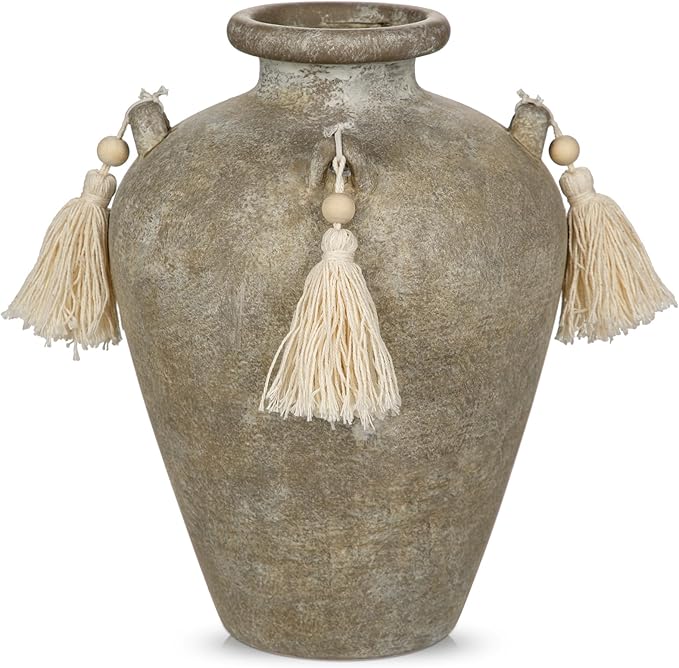 Large Decorative Ceramic Vase with Tassels, 9.4" Boho Flower Vase with Handles, Textured Rustic Farmhouse Vases for Home & Office Decor, Table Centerpiece, Living Room, Entryway, Wedding, Party Decor