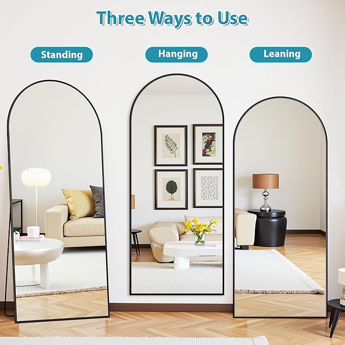 Full Length Mirror, 59"x18" Oversized Floor Mirror Freestanding, Full Body Mirror Floor Standing Mirrors with Stand, Hanging Mounted Mirrors for Bedroom Living Room, Black, Arched Style