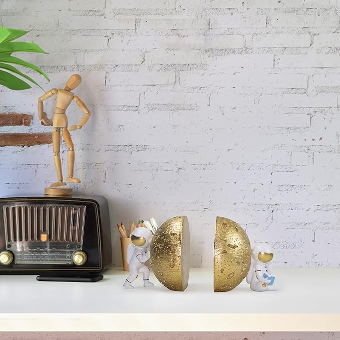 Heavy Duty Astronaut Bookends, Space-Themed Book Ends for Kids Room & Nursery Decor, Gold Moon Book Stoppers to Hold Books, Decorative Bookends for Shelves, Ideal for Boys and Girls