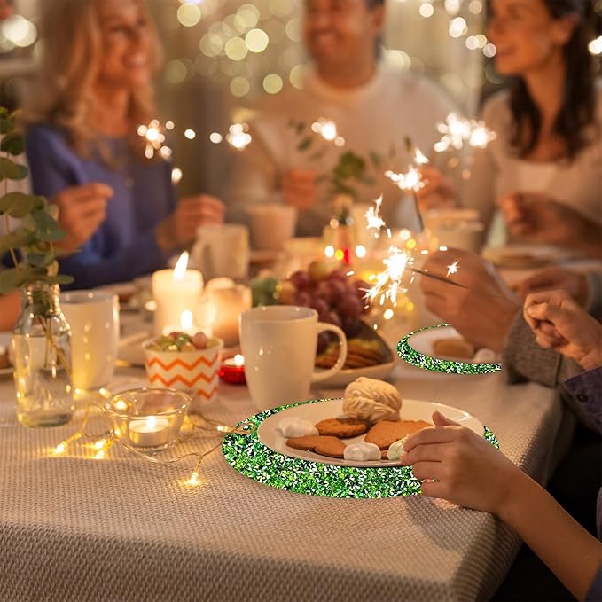 Round Placemats Set of 8 in Green Heat Resistant Circle Bling Washable Table Mats for Dinner, Kitchen, Wedding, Decorative