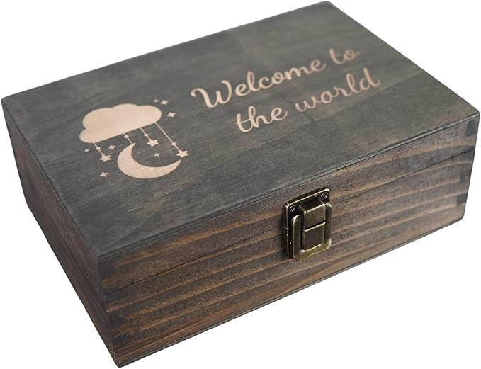 Engraved Baby Memory Box – Wooden Keepsake Box for Newborn Milestones, First Tooth, Hospital Bracelet – Medium Size – Dark Walnut Finish – 8.5 x 6 x 3 in