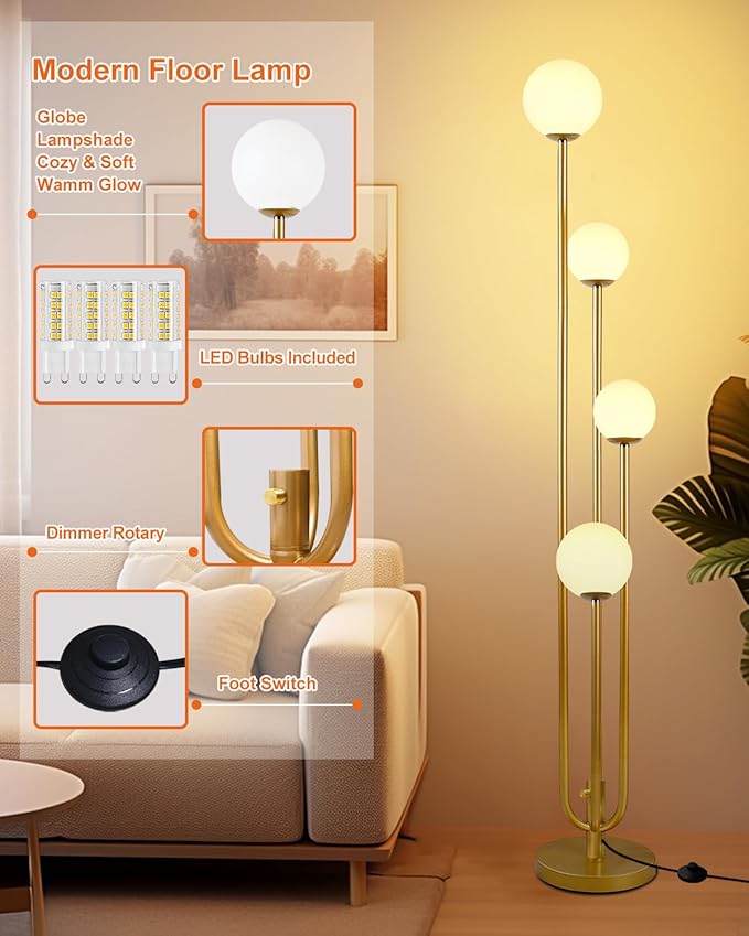 ACOHOOK 63IN 4-Light Dimmable Floor Lamp, Unique Candle Holder Style Gold Tall Standing Lamps with 3000K G9 Bulbs for Reading, Mid Century Modern Floor Lamp for Living Room Bedroom Home Office