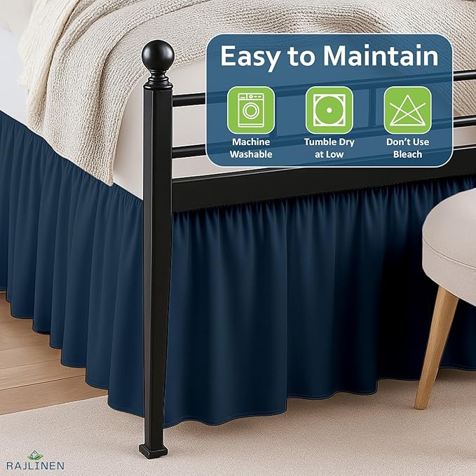 Rajlinen Ruffled Bed Skirt California King, 12 Inch Drop Dust Ruffle with Split Corners, 100% Microfiber Bedskirt with Platform, Three-Sided Coverage Ruffled Gathering Design, Navy Blue
