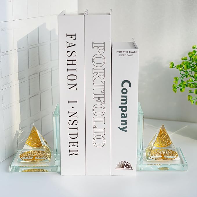1 Pair Modern Crystal Bookends for Shelves,Tree of Life Crystal Pyramid Design,Non-Skid Book Holder,Heavy Duty Decorative Book Stopper,3.5 * 3.5 * 4''