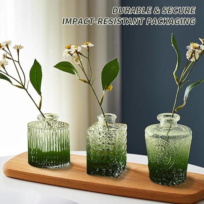 KUAGUINZUHE 12 Pcs Glass Bud Vase Set, Small Green Vintage Flower Vases for Wedding Centerpieces in Bulk, Mini Embossed Vases for Home Table Decor, Party, Baby Shower Decorations