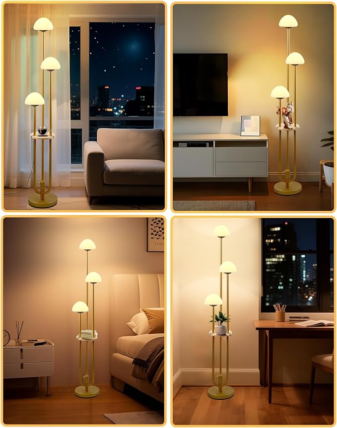 ACOHOOK Gold Dimmable Floor Lamp with Table, Modern Floor Lamps for Living Room, 3000K Warm White Tall Standing Lamp with Mushroom Shades & Bulbs for Bedroom/Office