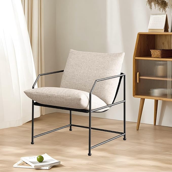 Accent Chair Living Room Chairs Comfy Reading Chair for Bedroom Upholstered Lounge Chair Mid Century Modern Arm Chair Sling Accent Chairs for Living Room Side Sofa Chair Fabric Armchair(Cream, 1)