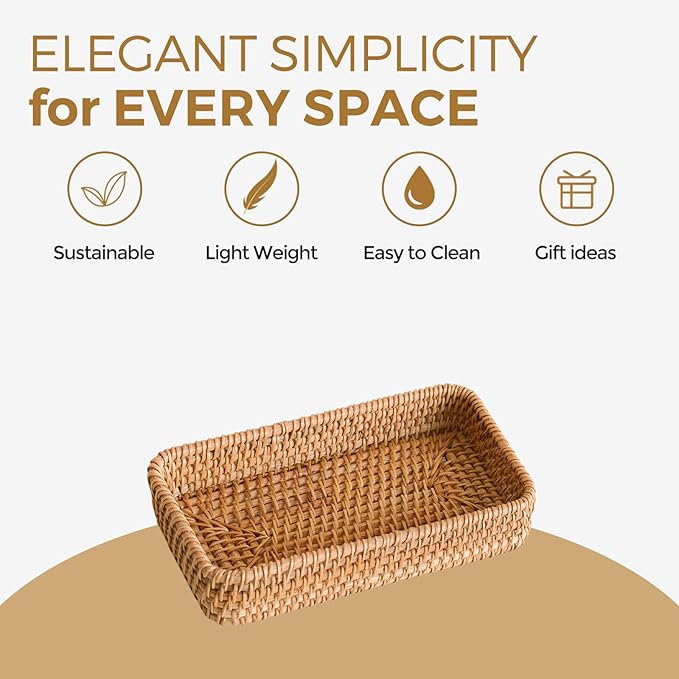 Small Rattan Serving Tray, Woven Rectangle Traykey Bowl for entryway, Natural Wicker Trays Key Bowl Decorative Baskets for Coffee Table, Kitchen, Bathroom