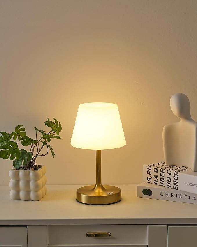 PUSU Cordless LED Gold Small Table Lamp, Waterproof Shower Light with 4000mAh Battery, Portable Rechargeable Touch Dimming Night Light for Bathroom, Outdoor Camping, Kitchen, Patio, Restaurant