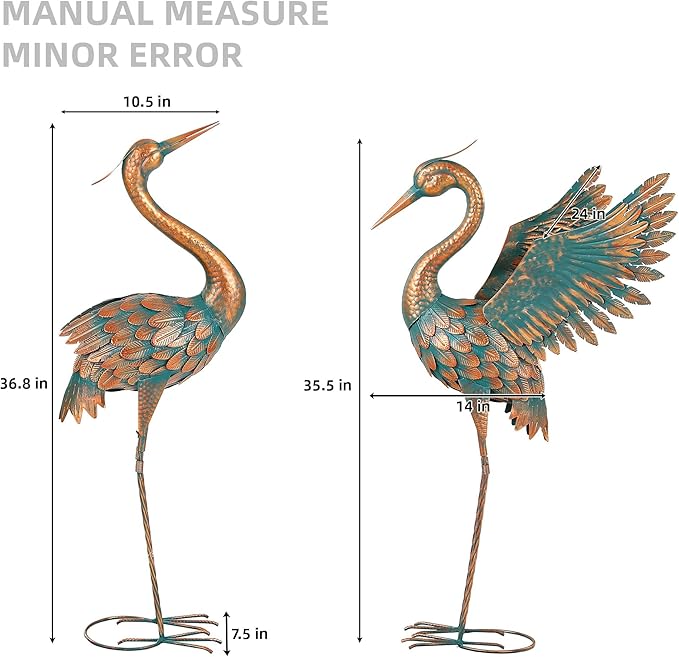 Extra-Large 36.8" Metal Crane Garden Statue, Handcrafted Blue Heron Decor Sculptures with Stable U-Ground Stakes, Backyard Decoration, Metal Garden Bird Animal Yard Art, Lawn Ornament Decor