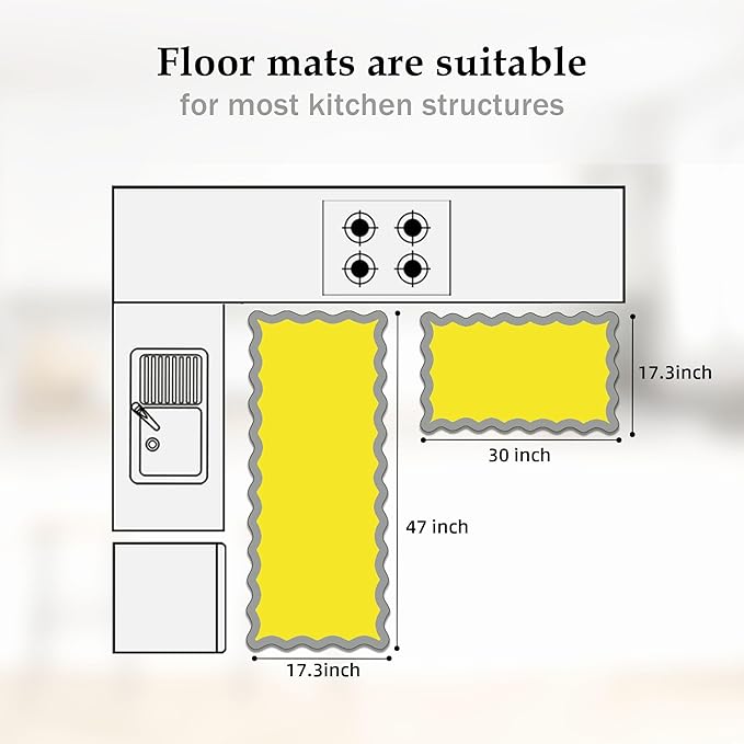 Scalloped Yellow Gray Kitchen Mats Rugs Sets of 2 Cushioned Anti Fatigue Floor Mat Waterproof Kitchen Rugs Non Slip Foam Comfort Standing Mat for Sink Laundry
