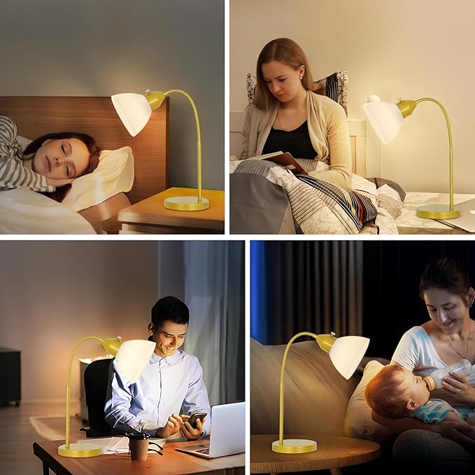 LED Desk Lamp for Home Office, 3 Levels Dimmable Reading Light, Flexible Table Lamp for Bedside Office, Rotary Switch Control, Desk Lamp for College Dorm Study Lamp, Bulb Included, Gold