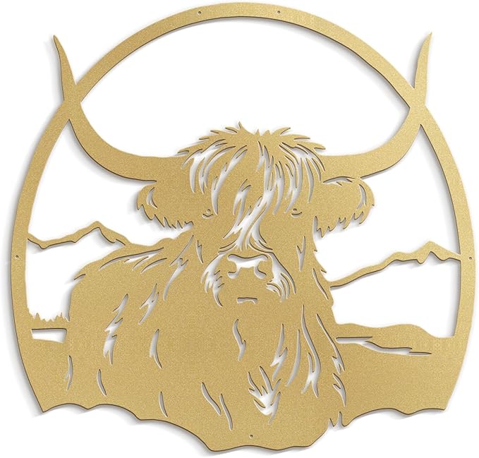 SIGNLEADER Metal Wall Art DecorHighland Cow with Mountain Minimalist Modern Abstract Wall Sculpture Hangings Home Decoration for Living Room, Bedroom, Bathroom, Kitchen, Outdoor - 18" Gold