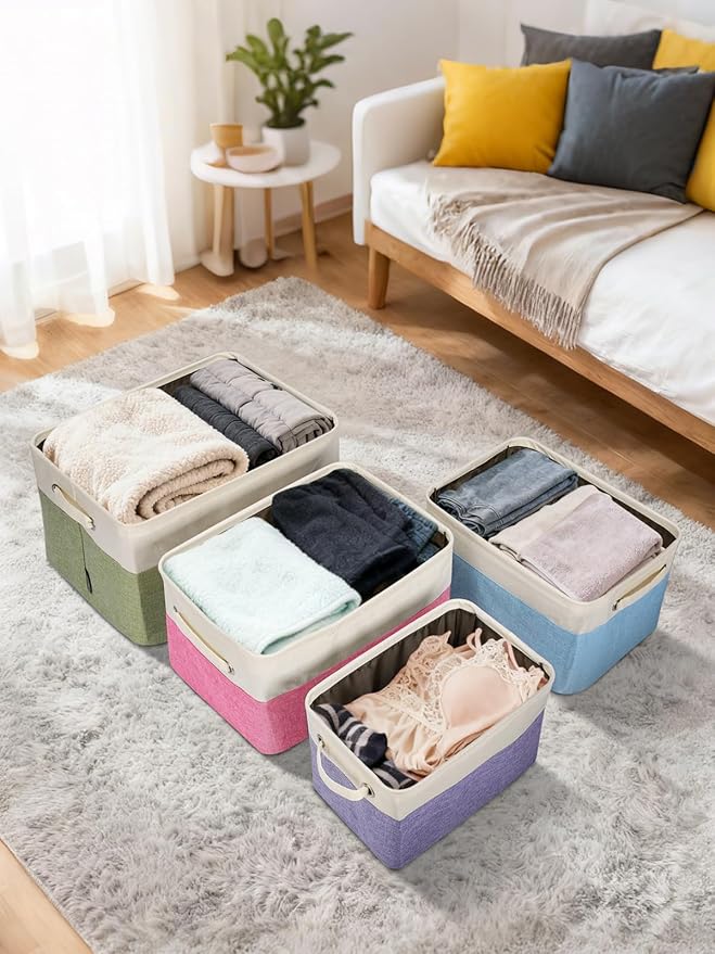 BALEINE Fabric Storage Bins for Shelves, Linen Storage Baskets for Organizing, Decorative Closet Storage Bins for Clothes, Toys, Home Storage (Black, 4 Pack)