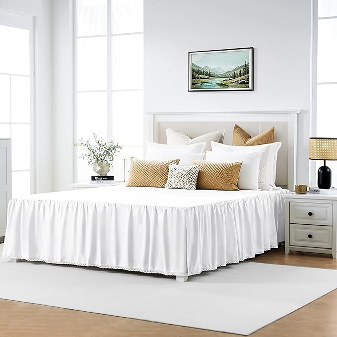 Vlocemon - Queen Size 18" Drop - White Lightweight Cotton Bed Skirt with Crochet Edge - Dust Ruffle Whth Split Corner - Soft, Elegant, Breathable Bedding Accessory