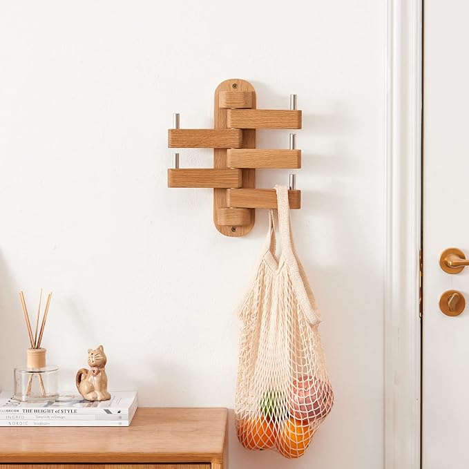 Swivel Coat Rack for Wall, Oak Wood Coat Hooks Wall Hooks with 5 Swivel Foldable Arms, Entryway Shelf for Bedroom, Entryway, Living Room, Bathroom,Office, Classroom, Heavy Duty (Natural)