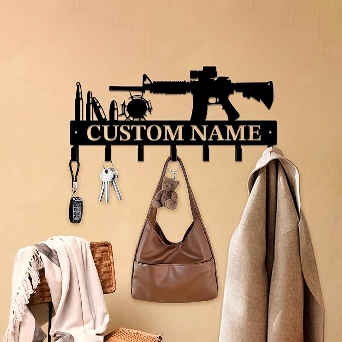 Personalized Custom Name Gun Wall Hooks,Metal Gun Room Art Clothes Hooks,Metal Gun Wall Home Storage Decorative,For Front Door, Hallway, Kitchen, Bedroom,Keys,Hats (Style C)