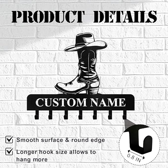 Personalized Cowboy Coat Hooks, Cowboy Boots Key Holder Wall Mount, Clothes Cowboy Hat Rack and Backpack Hanger, Western Wall Decor, Metal Key Rack Organizer for Living Room Kitchen Color02