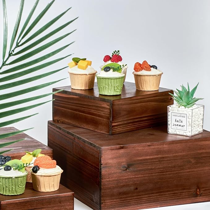 Set of 4 Wooden Rustic Cake and Cupcake Stand Combo, Square Wood Display Stand for Weddings, Cube Party Buffet Table Display Nesting Riser for Dessert, Food , Cookie, Craft Show, Brown