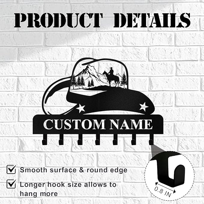 Personalized Cowboy Coat Hooks, Cowboys Key Holder for Wall, Clothes Cowboy Hat Rack and Backpack Hanger, Western Wall Decor, Metal Key Rack Organizer for Kitchen Entryway Color03