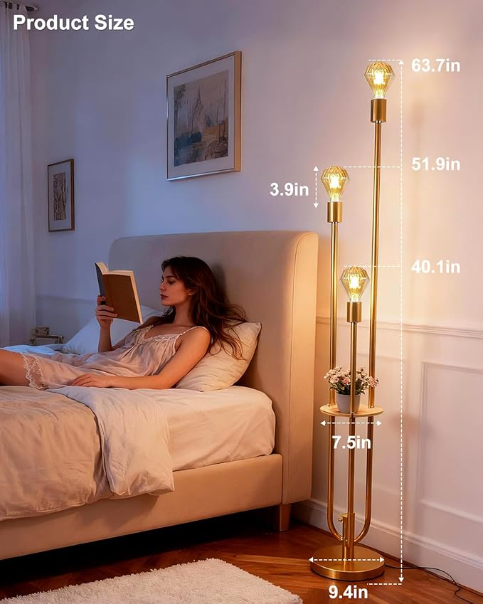 Lightdot Gold Floor Lamp for Living Room, Dimmable Vintage Floor Lamp with Shelf & E26 Base Bulbs, 3 Light 3000K Warmwhite Mid Century Standing Lamp for Reading, Tall Lamp for Bedroom Office