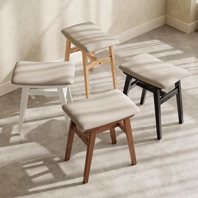 Solid Wood Vanity Stool, Compact Makeup Chair with Saddle Cushion, Linen-Covered High Rebound Sponge Seat, Easy Assembly Footstool for Bedroom, Entryway, Home, Walnut