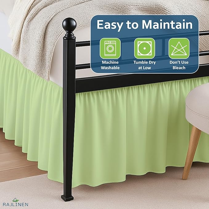 Rajlinen Ruffled Bed Skirt King, 24 Inch Drop Dust Ruffle with Split Corners, 100% Microfiber Bedskirt with Platform, Three-Sided Coverage Ruffled Gathering Design, Sage