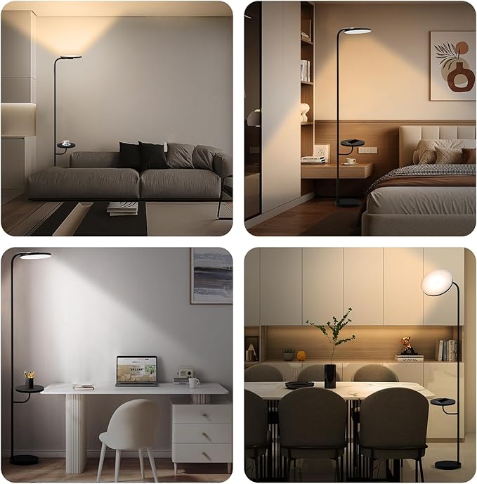 Floor Lamp with Table & Shelves,LED Stepless Dimmable Torchiere with Remote & Touch Control, 350° Rotating Head Reading Floor Lamp for Living Room, Bedroom, Office