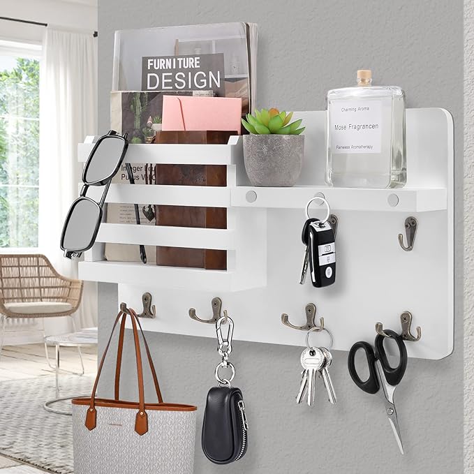 Decorative Key Hanging Rack with 10 Hooks – Easy Install Natural Wooden Key and Mail Holder for Wall Mount – Entryway Decor Rack with Shelf (White)