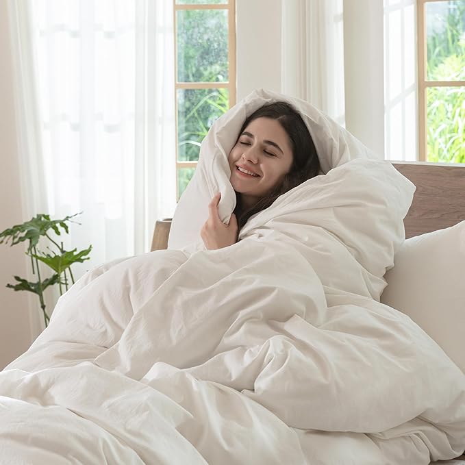 MooMee Bedding Duvet Cover Set 100% Washed Cotton Linen Like Textured Breathable Durable Soft Comfy (Solid Off White, Palatial King/Oversized King 120"x98")