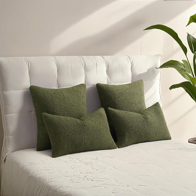 HAUSSY Set of 2 16x16 Decorative Throw Pillow Covers, Soft Cozy Textured Boucle Couch Cases, Home Decor for Couch Bed Living Room, Moss Green