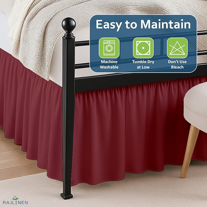 Rajlinen Ruffled Bed Skirt Full XL, 21 Inch Drop Dust Ruffle with Split Corners, 100% Microfiber Bedskirt with Platform, Three-Sided Coverage Ruffled Gathering Design, Burgundy