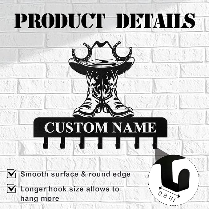 Personalized Cowboy Coat Hooks, Cowboy Boots Key Holder Wall Mount, Clothes Cowboy Hat Rack and Backpack Hanger, Western Wall Decor, Metal Key Rack Organizer for Living Room Bedroom Color06